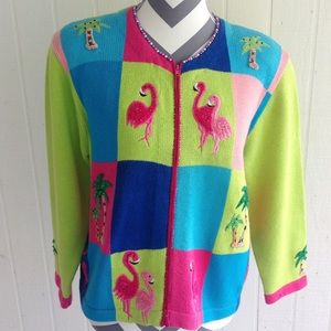 Vtg 90's Color Block Flamingo Zip Cardigan Size L